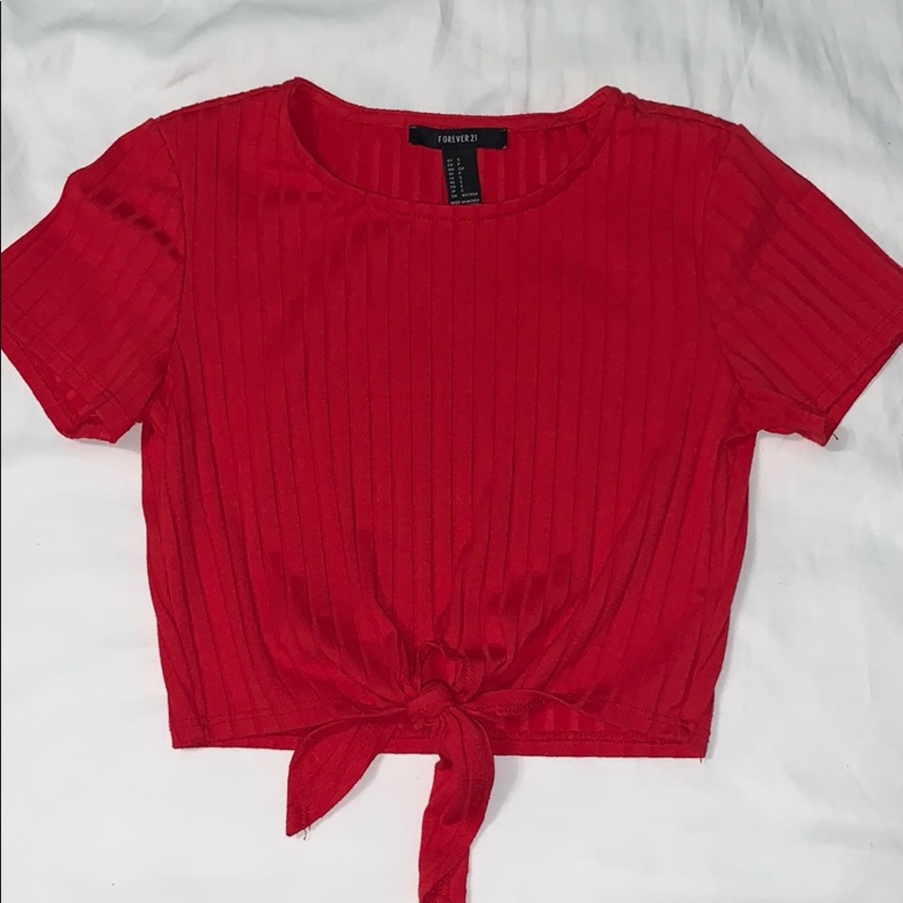Red Ribbed Front Tie Crop Top